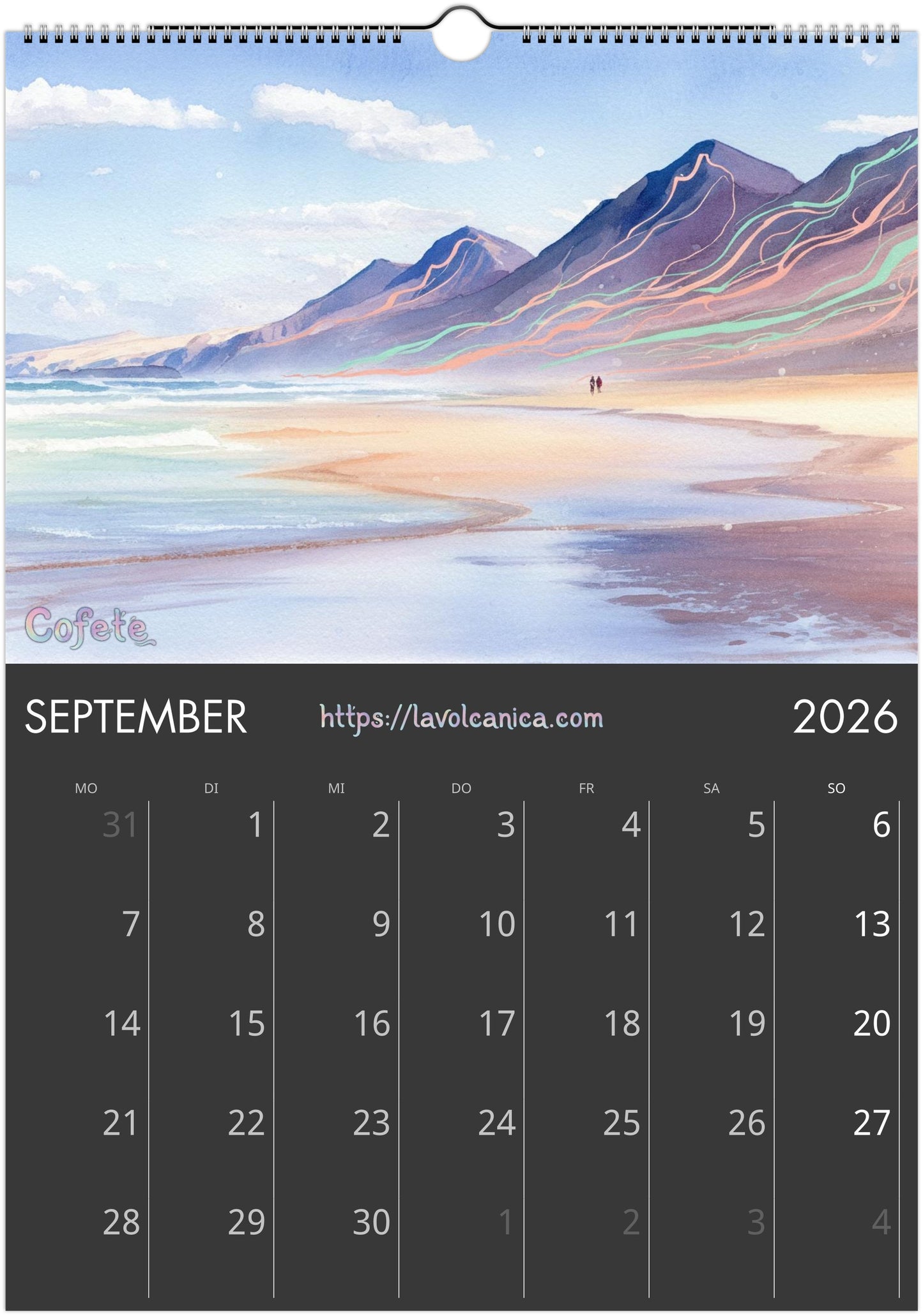 A3 wireframe Fuerteventura Surf 2026 Calendar | Neon Pastel Watercolor Psychedelic Pop Art | Canary Islands Wall Decor | English, Español, Français, Deutsch, Italiano