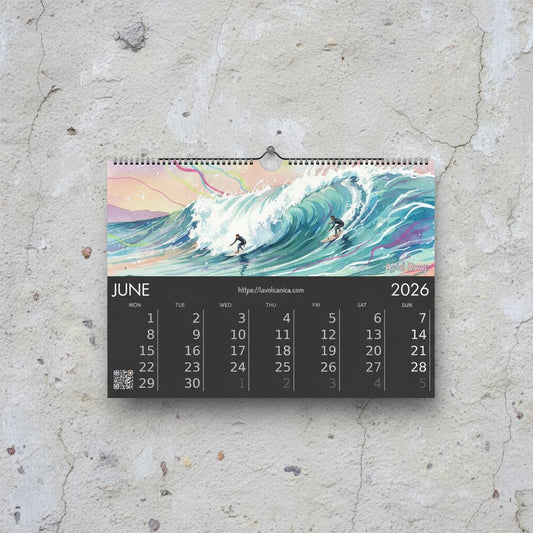A4 wireframe Fuerteventura Surf 2026 Calendar | Neon Pastel Watercolor Psychedelic Pop Art | Canary Islands Wall Decor