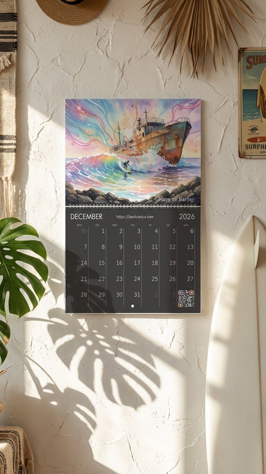 A4 spiral bound Fuerteventura Surf 2026 Calendar | Neon Pastel Watercolor Psychedelic Pop Art | Canary Islands Wall Decor | English, Español, Français, Deutsch, Italiano