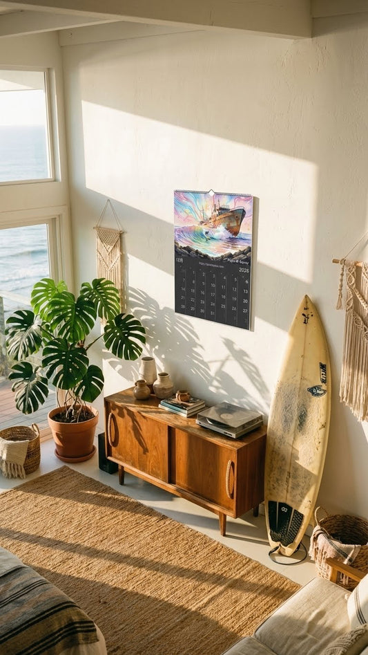 A3 wireframe Fuerteventura Surf 2026 Calendar | Neon Pastel Watercolor Psychedelic Pop Art | Canary Islands Wall Decor | English, Español, Français, Deutsch, Italiano