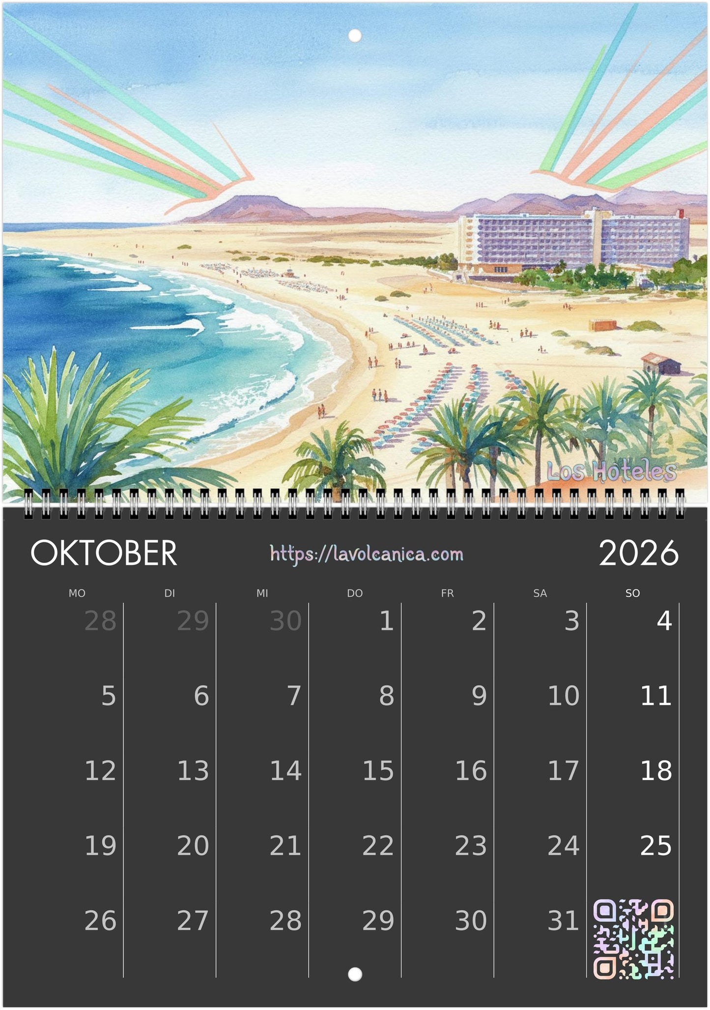 A4 spiral bound Fuerteventura Surf 2026 Calendar | Neon Pastel Watercolor Psychedelic Pop Art | Canary Islands Wall Decor | English, Español, Français, Deutsch, Italiano