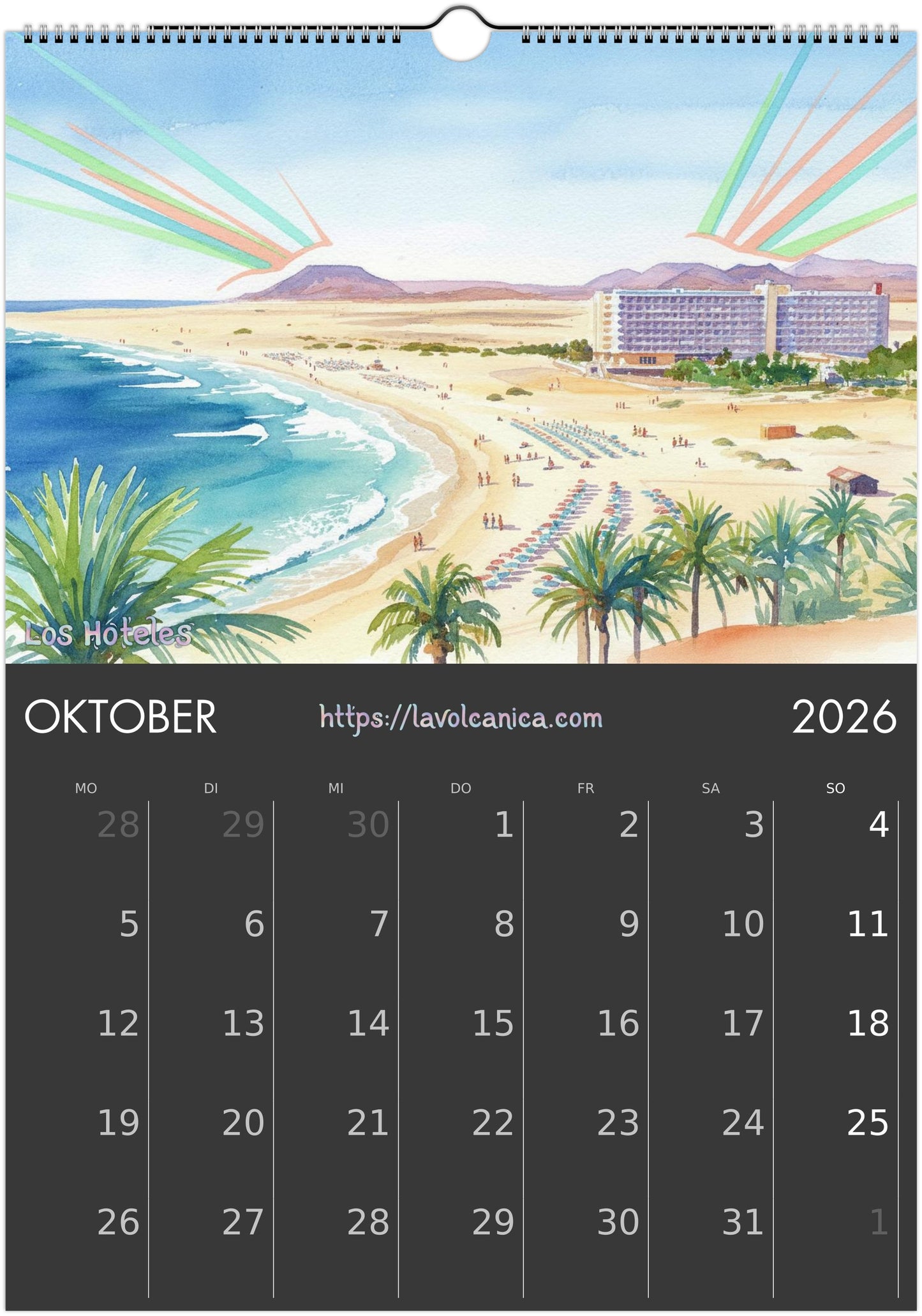 A3 wireframe Fuerteventura Surf 2026 Calendar | Neon Pastel Watercolor Psychedelic Pop Art | Canary Islands Wall Decor | English, Español, Français, Deutsch, Italiano