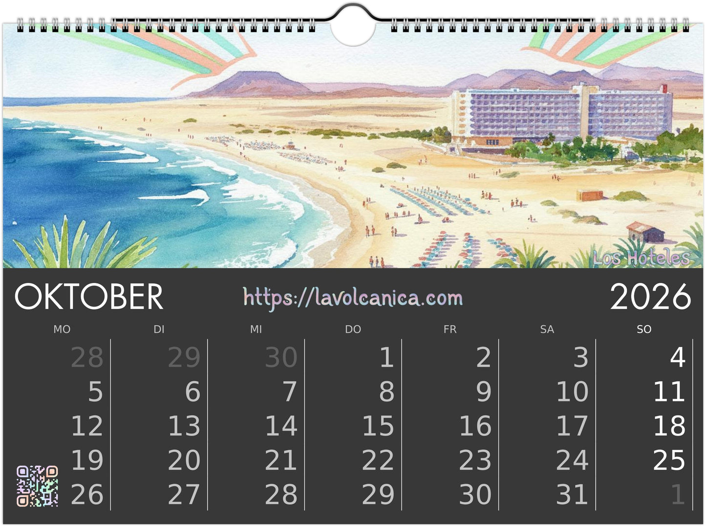 A4 wireframe Fuerteventura Surf 2026 Calendar | Neon Pastel Watercolor Psychedelic Pop Art | Canary Islands Wall Decor