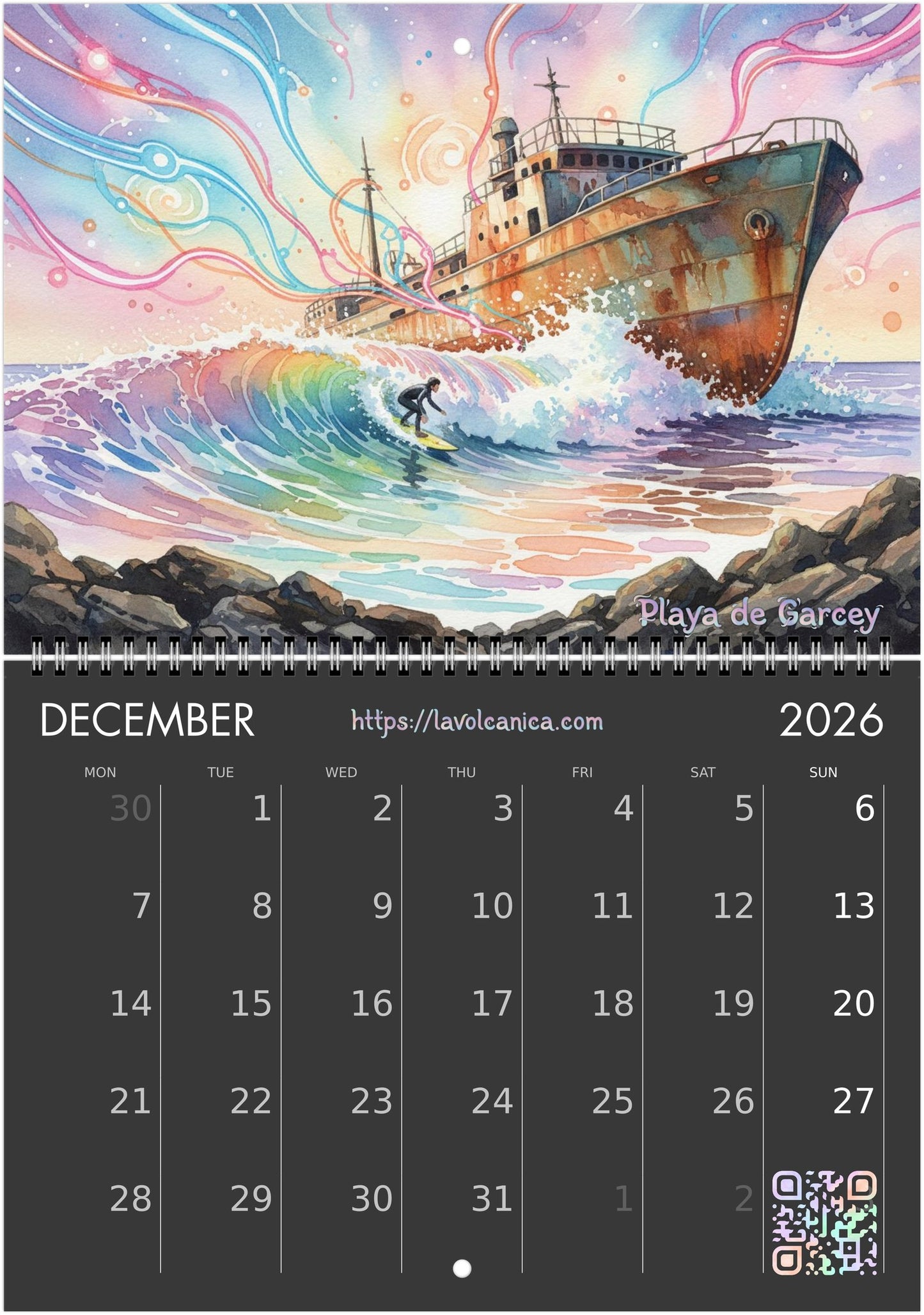 A4 spiral bound Fuerteventura Surf 2026 Calendar | Neon Pastel Watercolor Psychedelic Pop Art | Canary Islands Wall Decor | English, Español, Français, Deutsch, Italiano