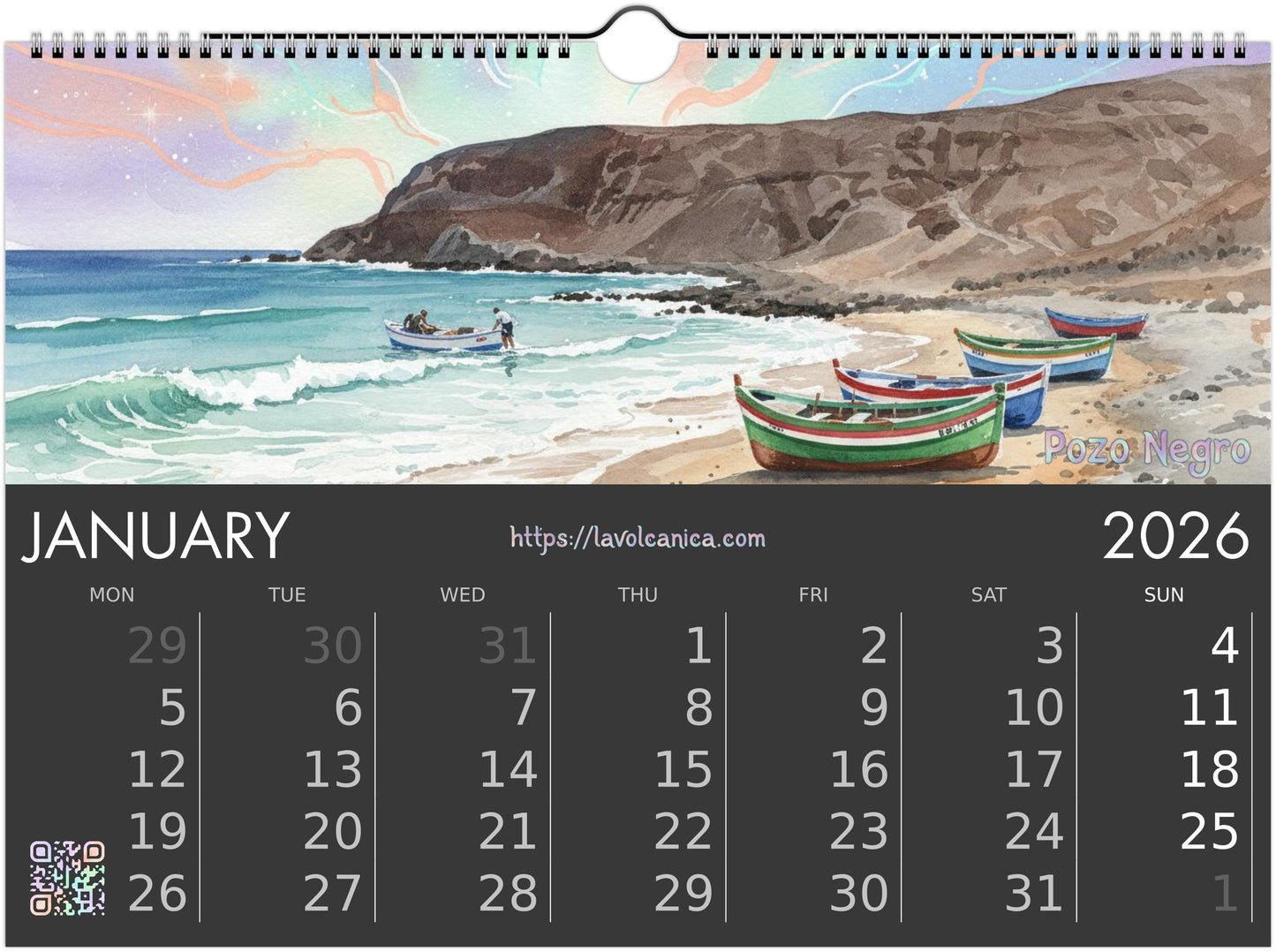 A4 wireframe Fuerteventura Surf 2026 Calendar | Neon Pastel Watercolor Psychedelic Pop Art | Canary Islands Wall Decor