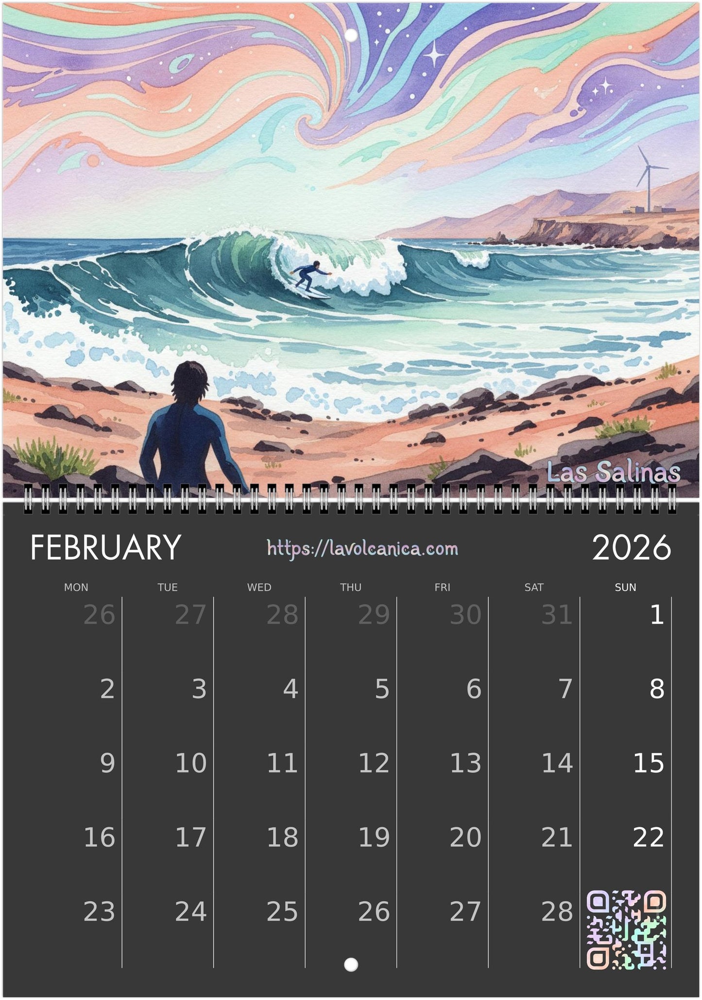 A4 spiral bound Fuerteventura Surf 2026 Calendar | Neon Pastel Watercolor Psychedelic Pop Art | Canary Islands Wall Decor | English, Español, Français, Deutsch, Italiano