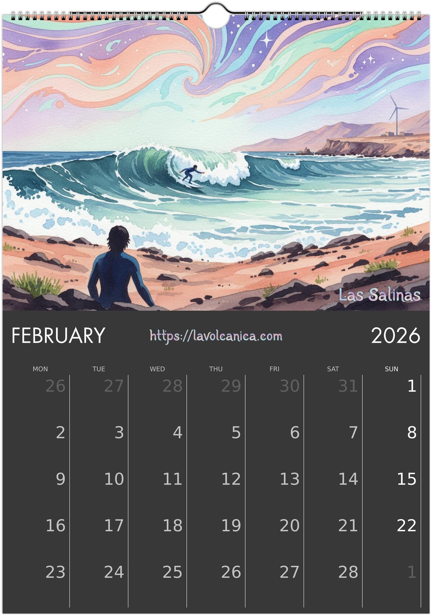 A3 wireframe Fuerteventura Surf 2026 Calendar | Neon Pastel Watercolor Psychedelic Pop Art | Canary Islands Wall Decor | English, Español, Français, Deutsch, Italiano
