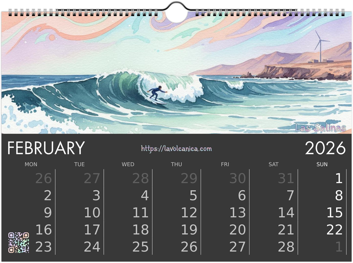 A4 wireframe Fuerteventura Surf 2026 Calendar | Neon Pastel Watercolor Psychedelic Pop Art | Canary Islands Wall Decor