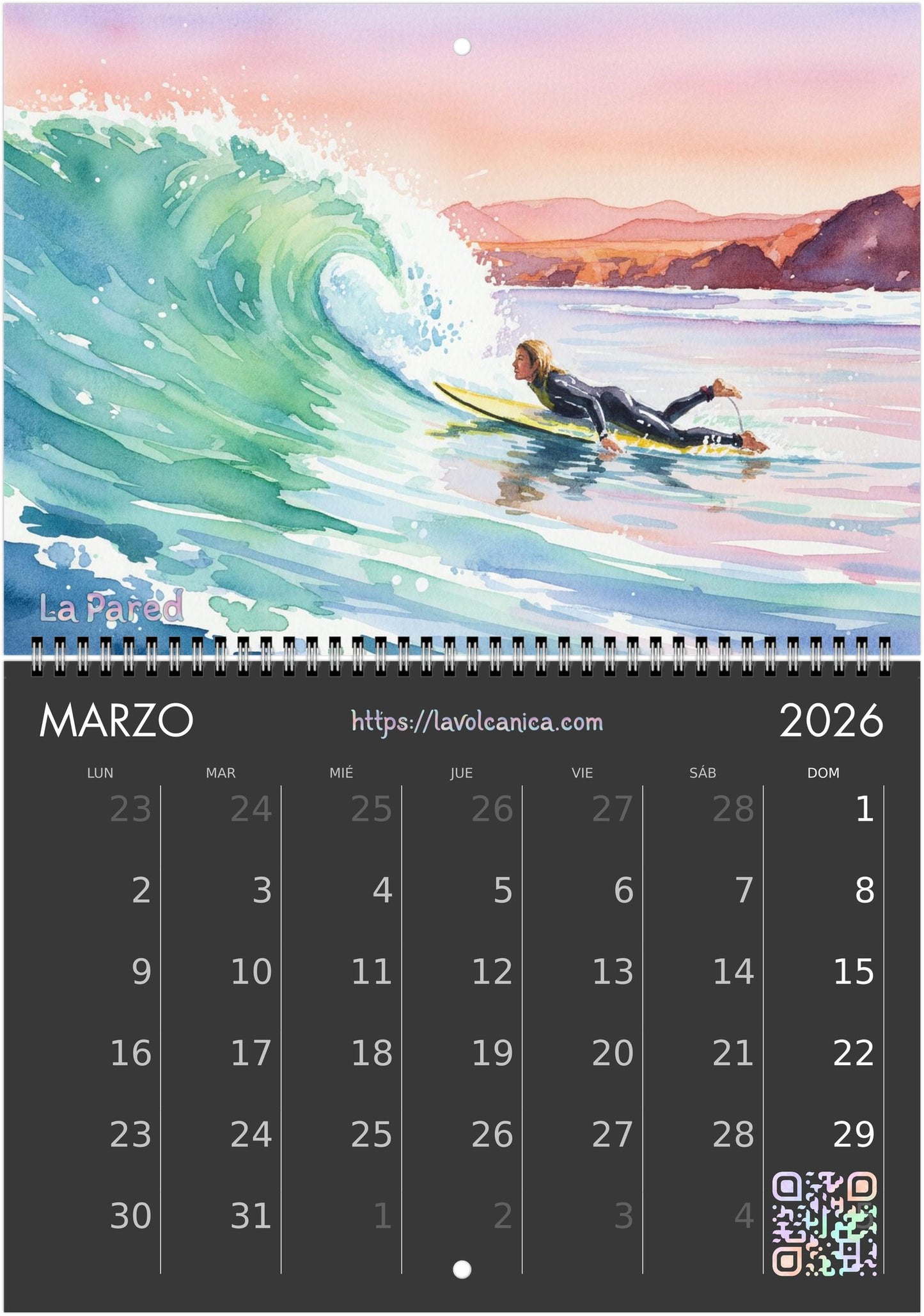 A4 spiral bound Fuerteventura Surf 2026 Calendar | Neon Pastel Watercolor Psychedelic Pop Art | Canary Islands Wall Decor | English, Español, Français, Deutsch, Italiano