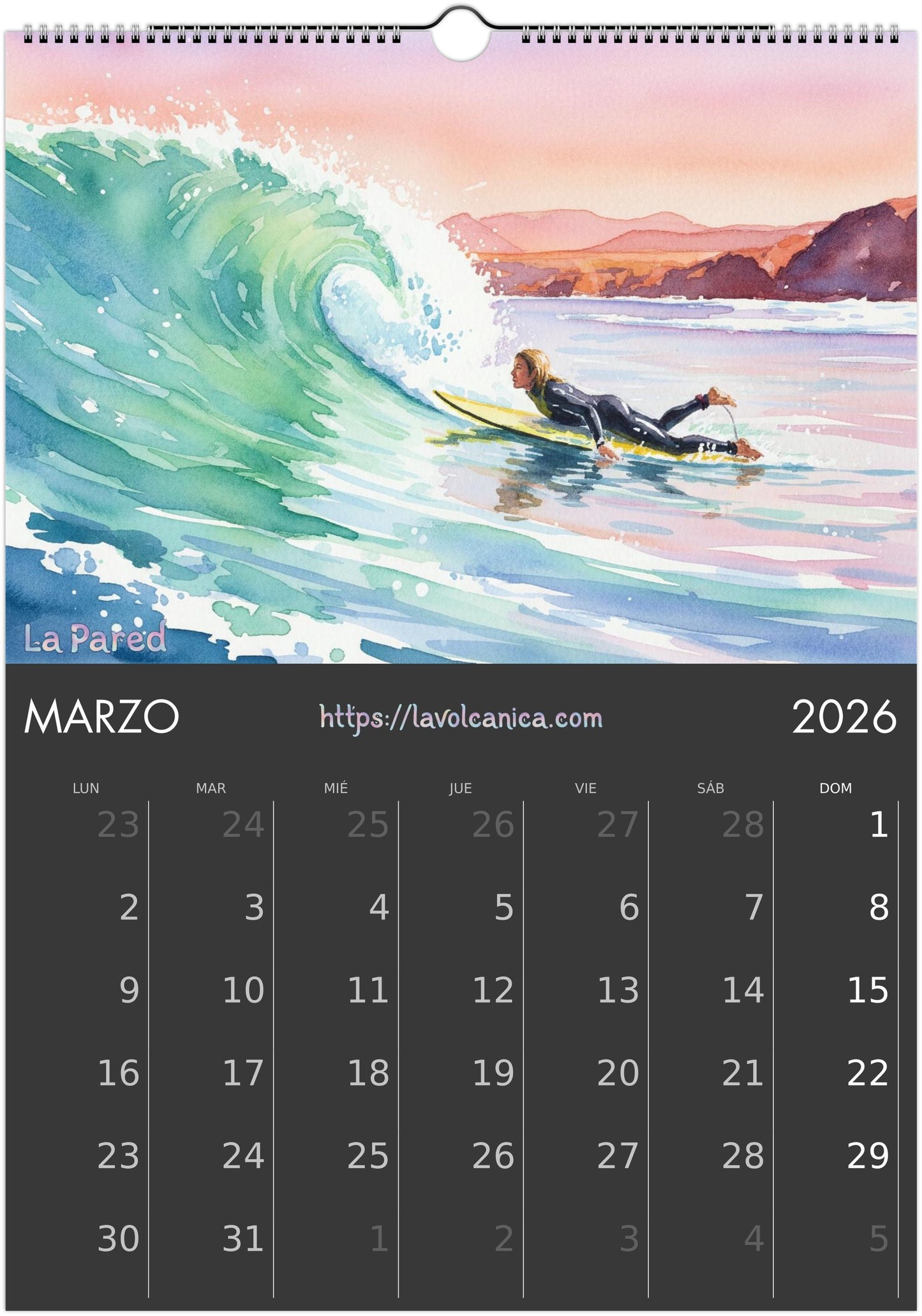 A3 wireframe Fuerteventura Surf 2026 Calendar | Neon Pastel Watercolor Psychedelic Pop Art | Canary Islands Wall Decor | English, Español, Français, Deutsch, Italiano