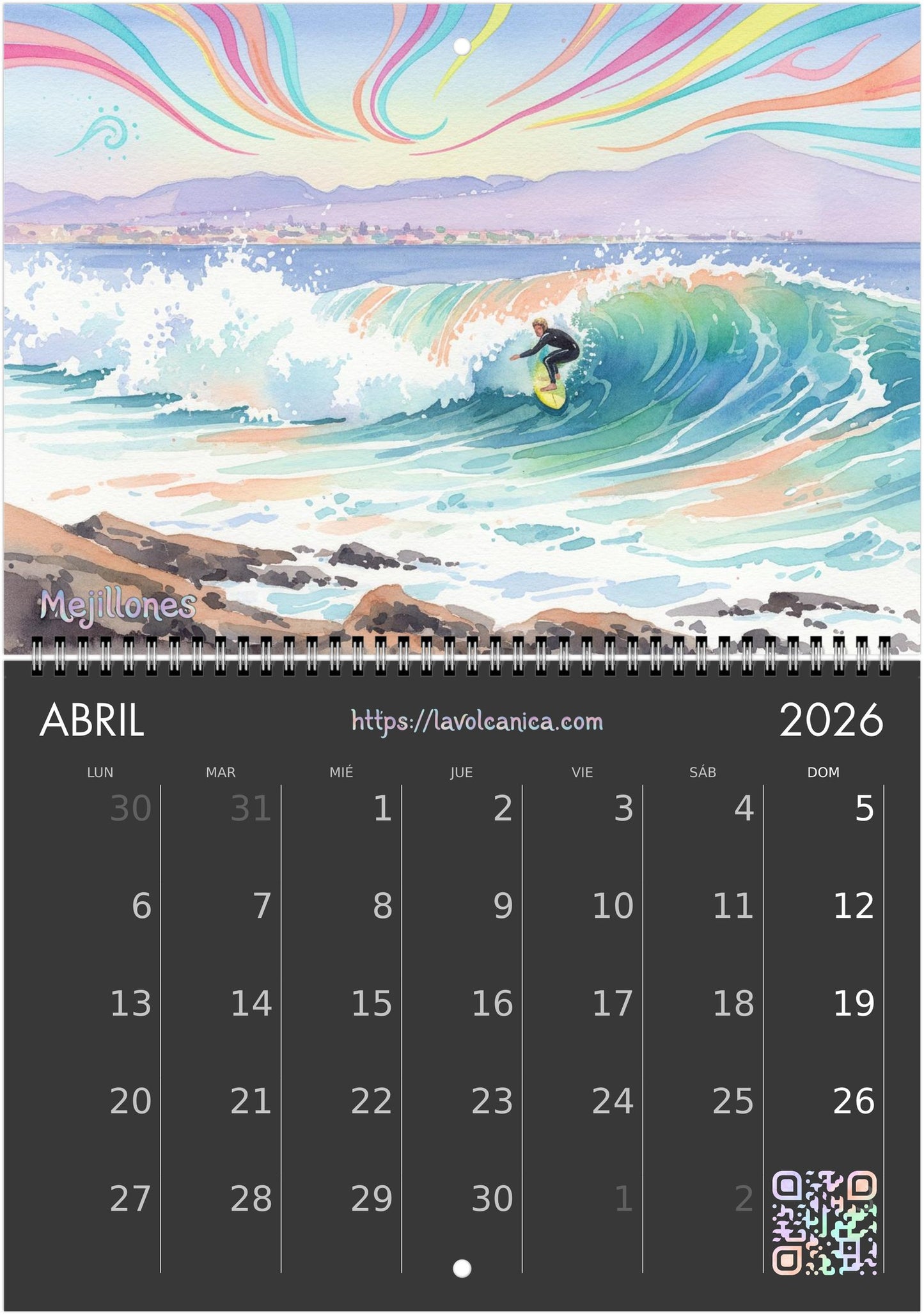 A4 spiral bound Fuerteventura Surf 2026 Calendar | Neon Pastel Watercolor Psychedelic Pop Art | Canary Islands Wall Decor | English, Español, Français, Deutsch, Italiano