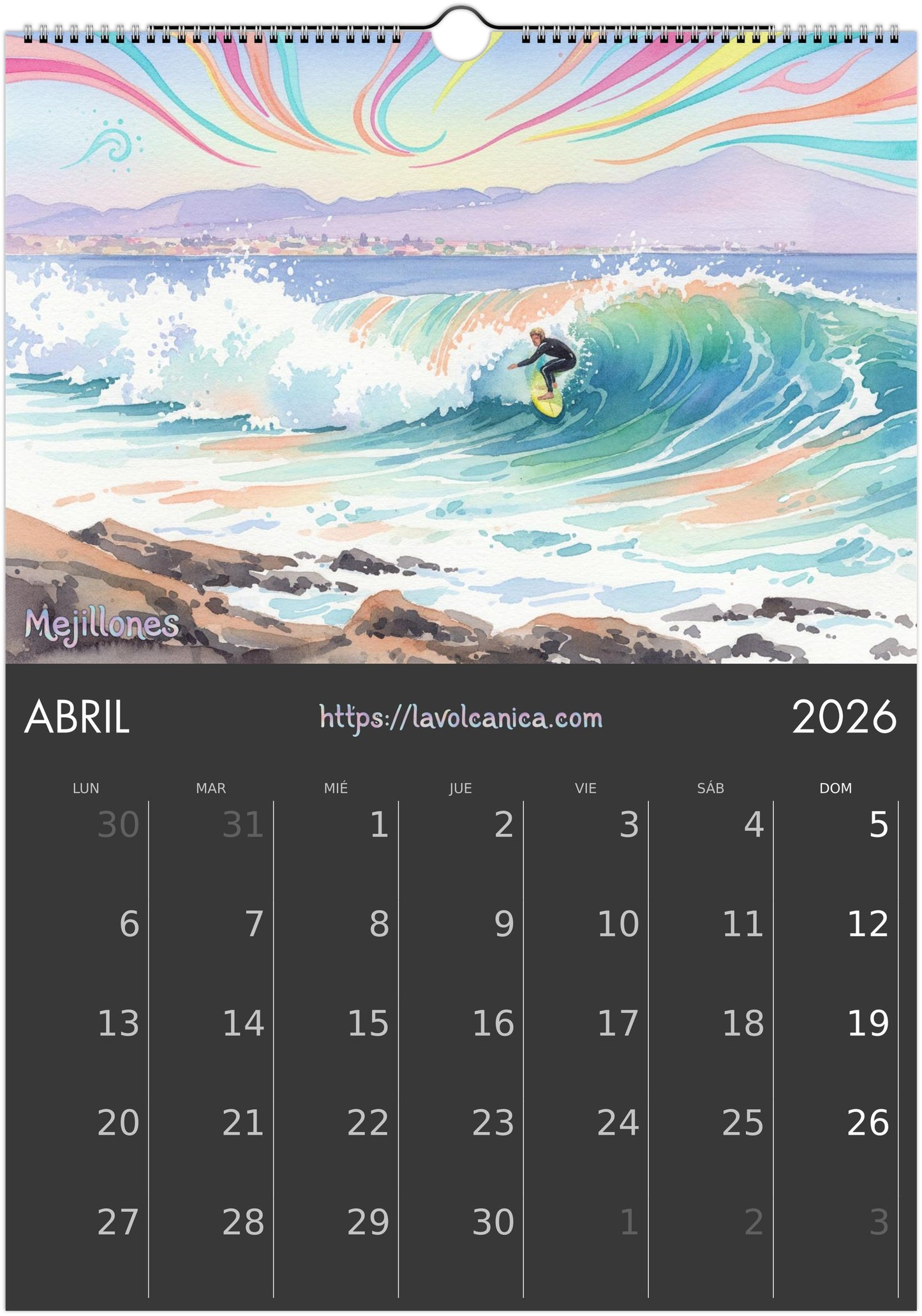 A3 wireframe Fuerteventura Surf 2026 Calendar | Neon Pastel Watercolor Psychedelic Pop Art | Canary Islands Wall Decor | English, Español, Français, Deutsch, Italiano