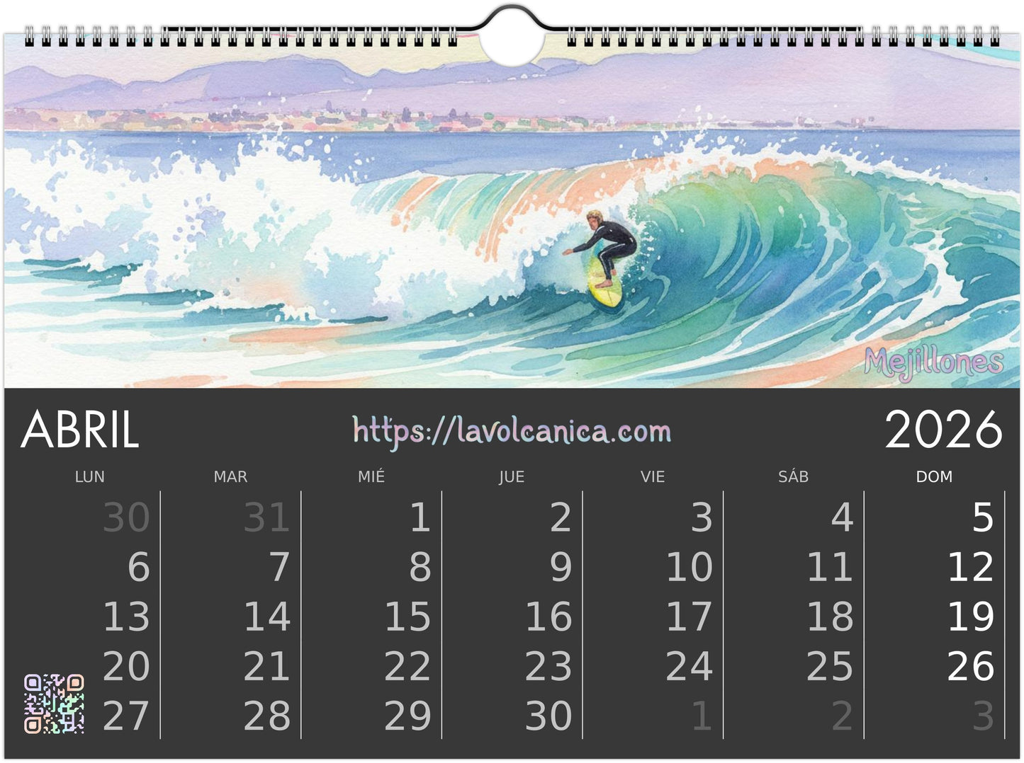 A4 wireframe Fuerteventura Surf 2026 Calendar | Neon Pastel Watercolor Psychedelic Pop Art | Canary Islands Wall Decor