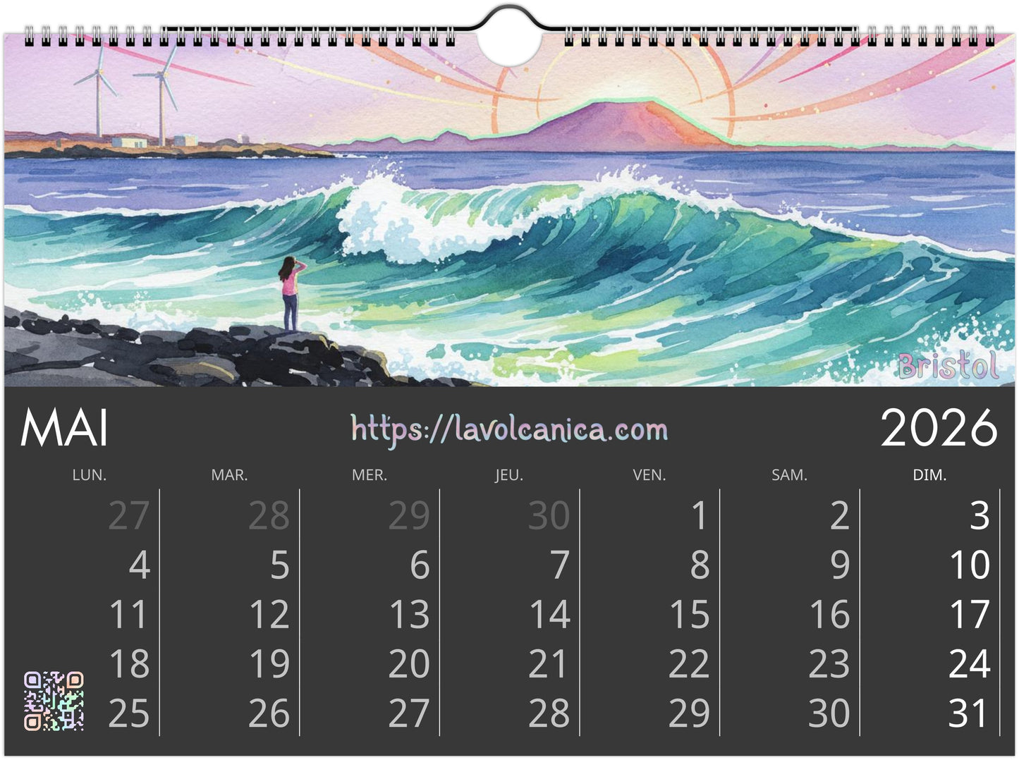 A4 wireframe Fuerteventura Surf 2026 Calendar | Neon Pastel Watercolor Psychedelic Pop Art | Canary Islands Wall Decor