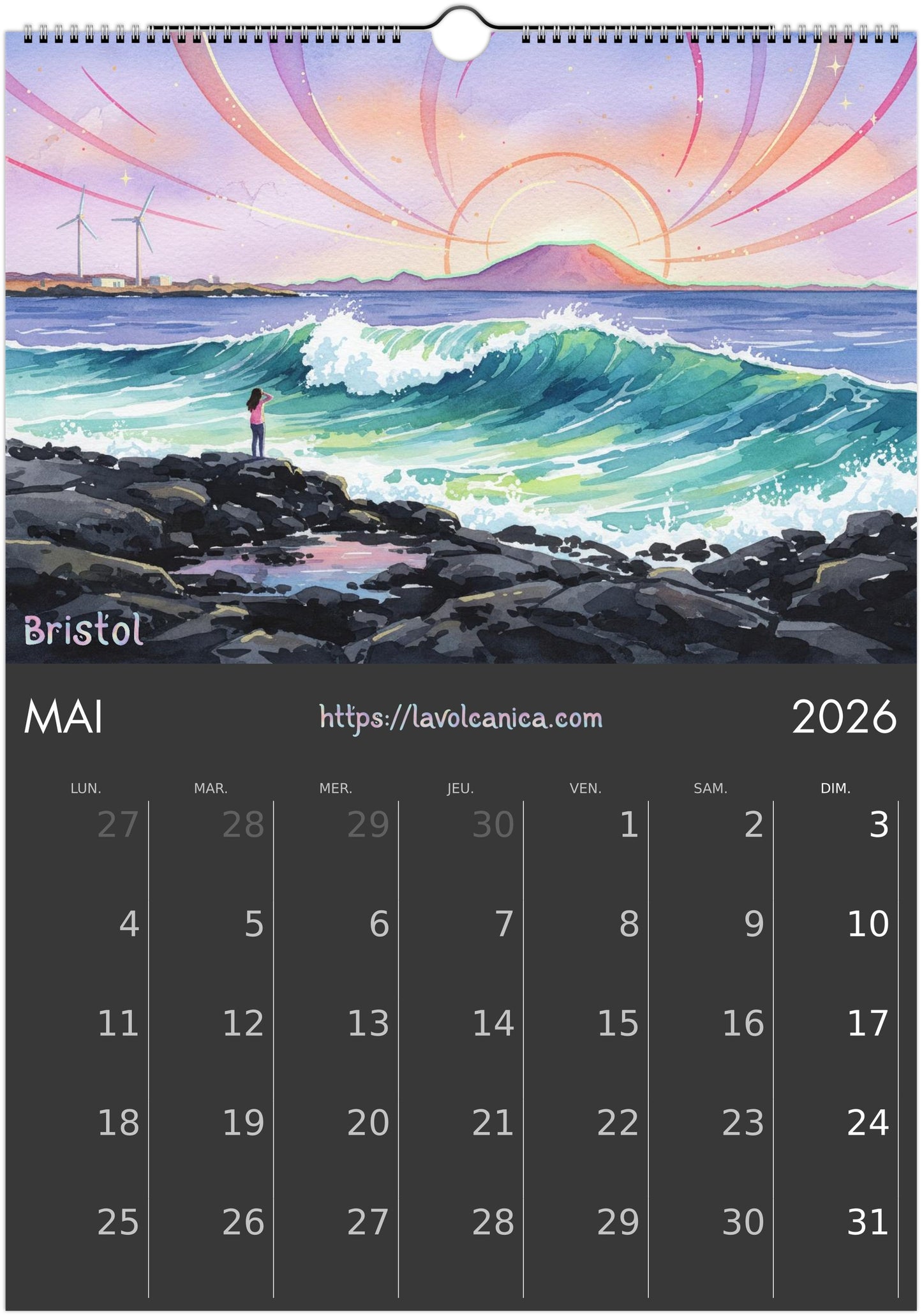 A3 wireframe Fuerteventura Surf 2026 Calendar | Neon Pastel Watercolor Psychedelic Pop Art | Canary Islands Wall Decor | English, Español, Français, Deutsch, Italiano