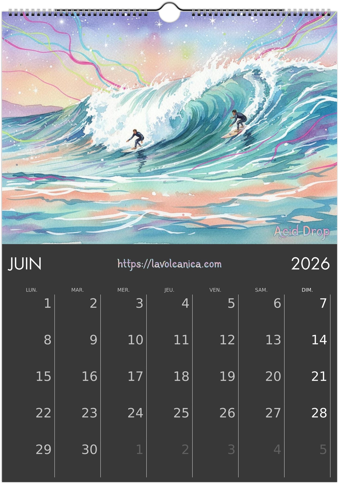 A3 wireframe Fuerteventura Surf 2026 Calendar | Neon Pastel Watercolor Psychedelic Pop Art | Canary Islands Wall Decor | English, Español, Français, Deutsch, Italiano