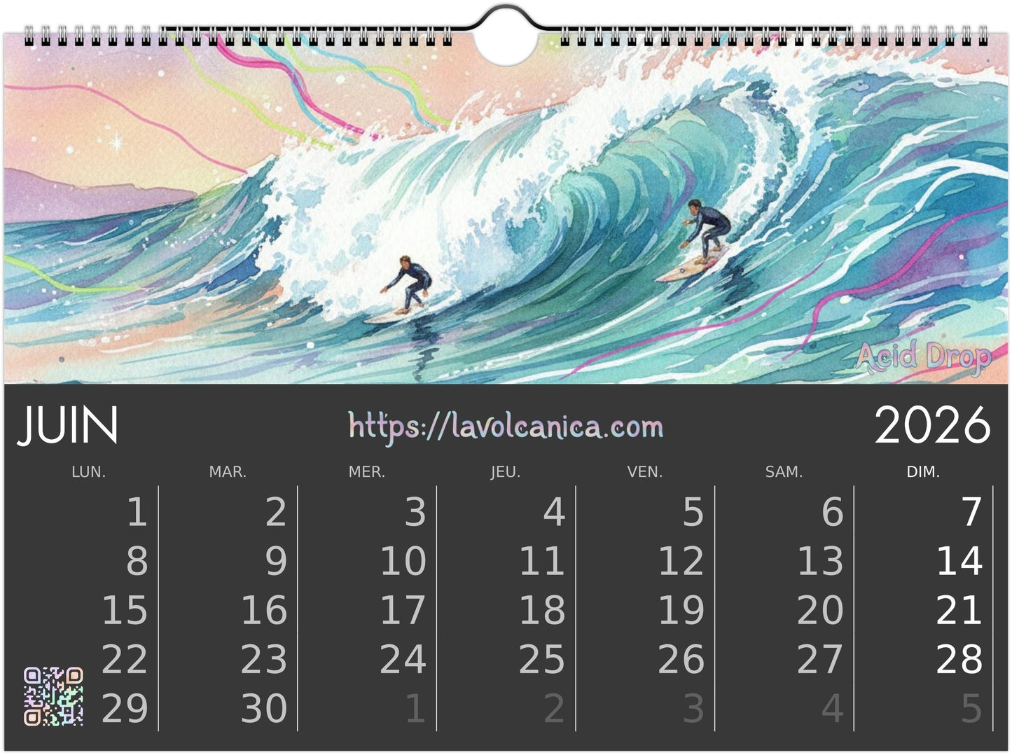 A4 wireframe Fuerteventura Surf 2026 Calendar | Neon Pastel Watercolor Psychedelic Pop Art | Canary Islands Wall Decor