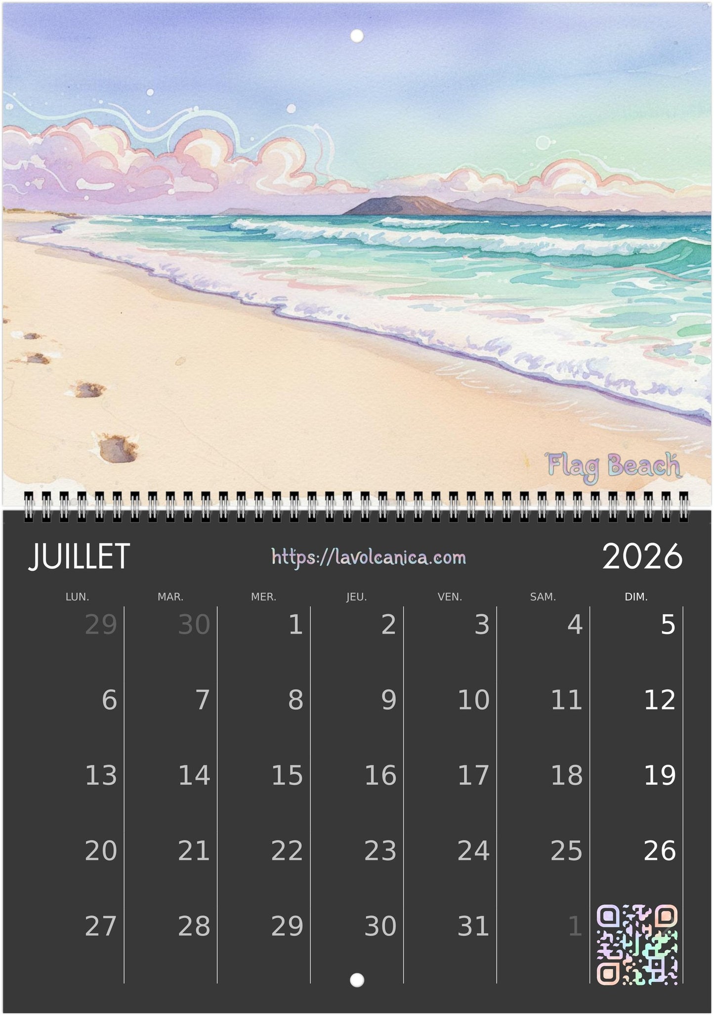 A4 spiral bound Fuerteventura Surf 2026 Calendar | Neon Pastel Watercolor Psychedelic Pop Art | Canary Islands Wall Decor | English, Español, Français, Deutsch, Italiano
