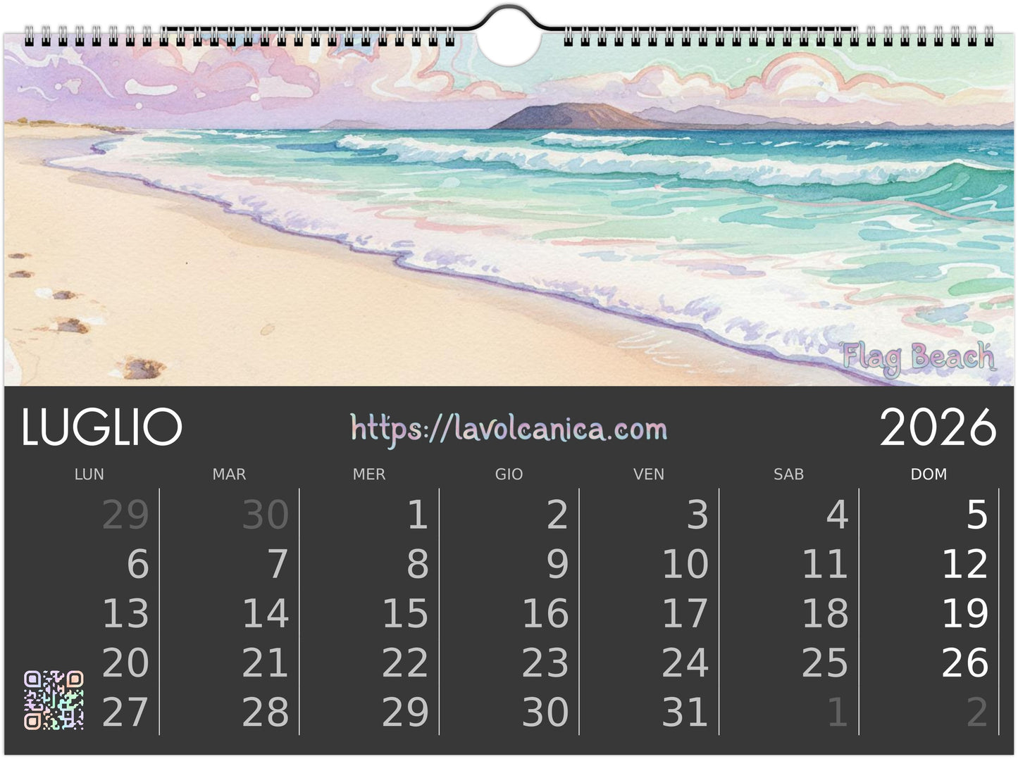 A4 wireframe Fuerteventura Surf 2026 Calendar | Neon Pastel Watercolor Psychedelic Pop Art | Canary Islands Wall Decor