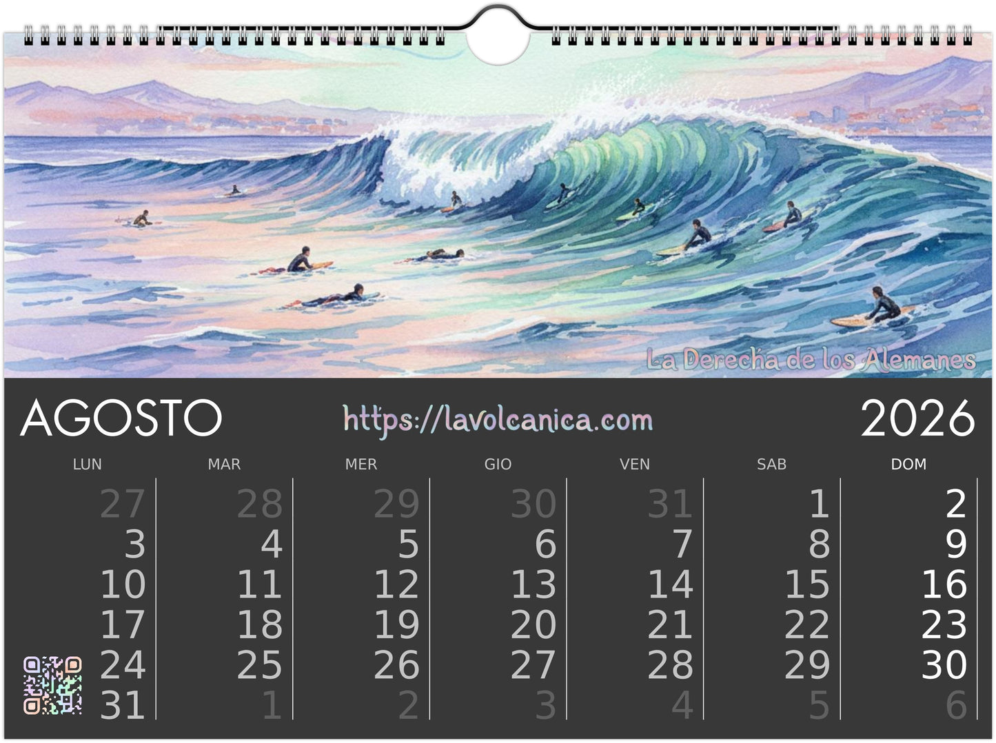 A4 wireframe Fuerteventura Surf 2026 Calendar | Neon Pastel Watercolor Psychedelic Pop Art | Canary Islands Wall Decor