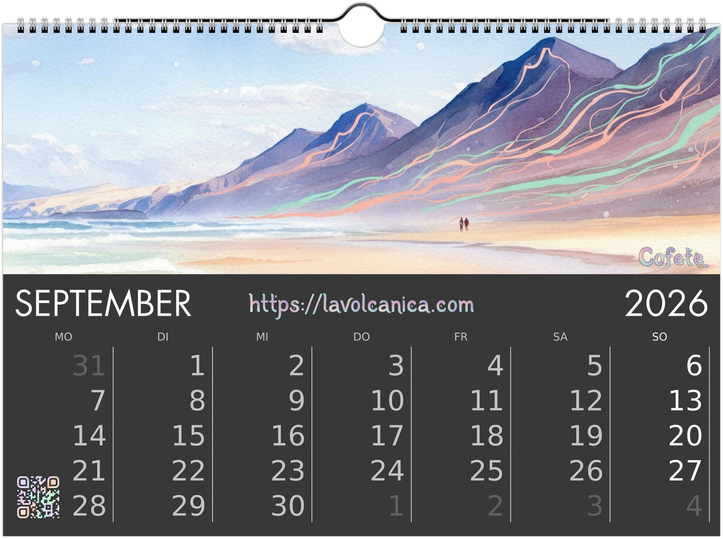 A4 wireframe Fuerteventura Surf 2026 Calendar | Neon Pastel Watercolor Psychedelic Pop Art | Canary Islands Wall Decor