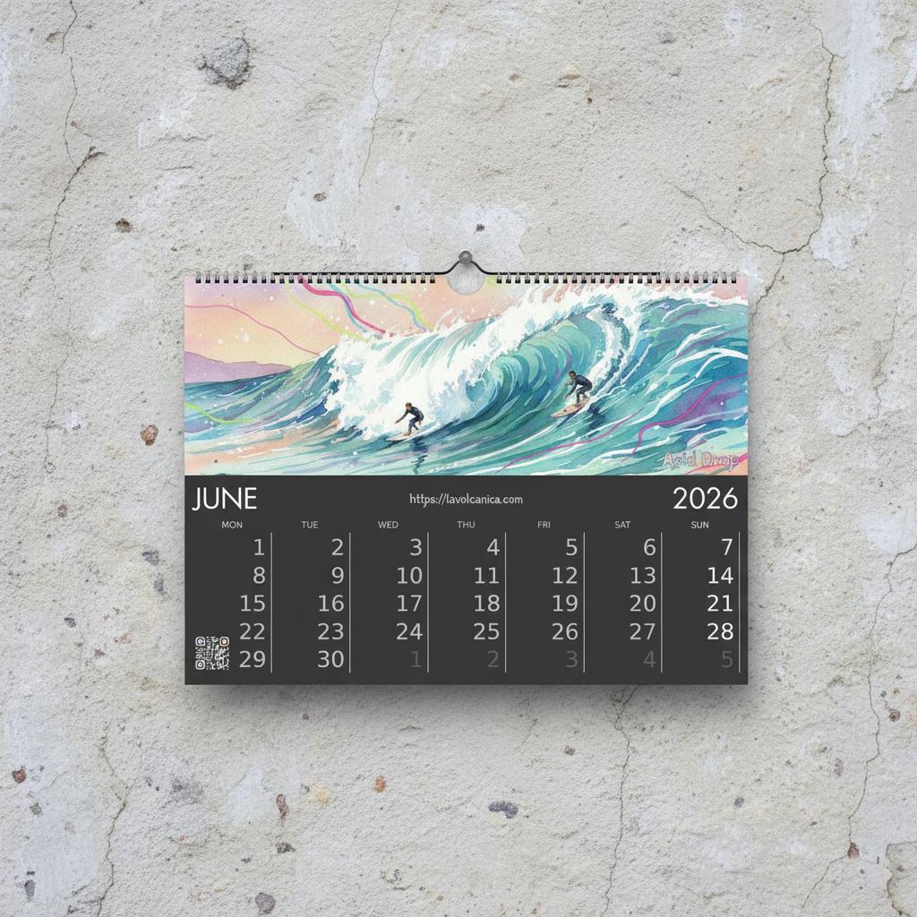 A4 wireframe Fuerteventura Surf 2026 Calendar | Neon Pastel Watercolor Psychedelic Pop Art | Canary Islands Wall Decor