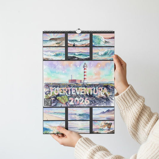 A3 wireframe Fuerteventura Surf 2026 Calendar | Neon Pastel Watercolor Psychedelic Pop Art | Canary Islands Wall Decor | English, Español, Français, Deutsch, Italiano