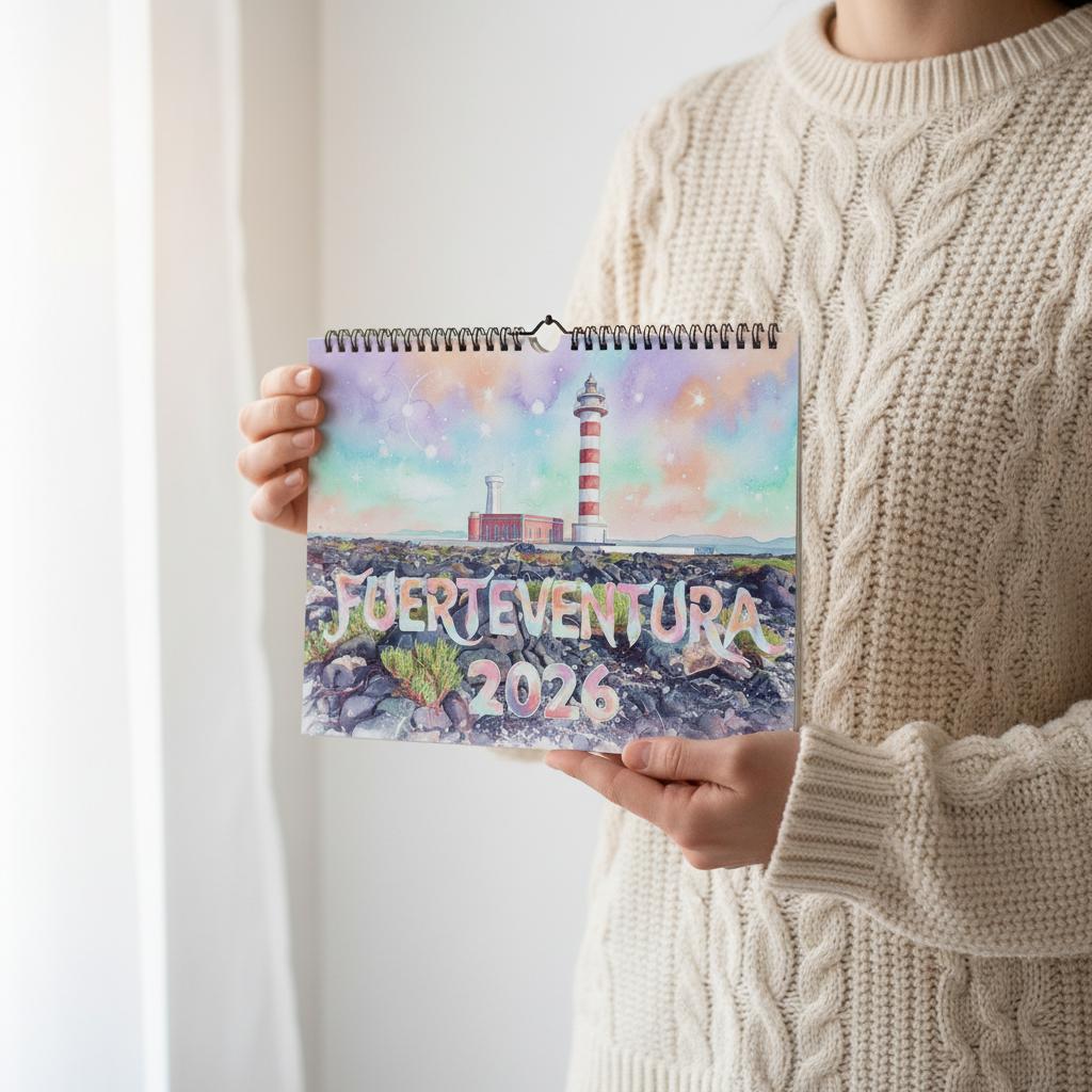 A4 wireframe Fuerteventura Surf 2026 Calendar | Neon Pastel Watercolor Psychedelic Pop Art | Canary Islands Wall Decor